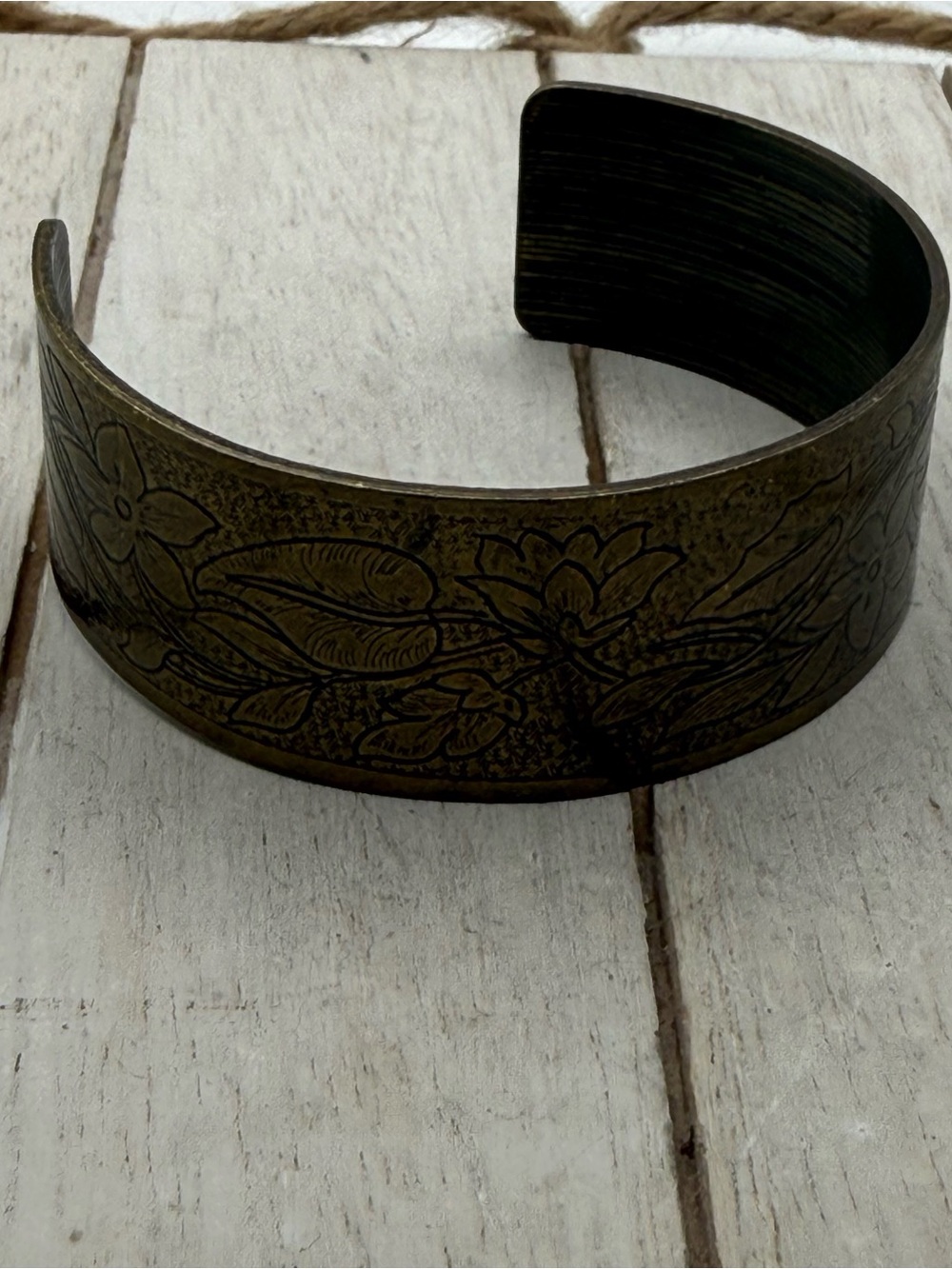 Engraved Floral Metal Cuff Bracelet - Antiqued Brass Tone